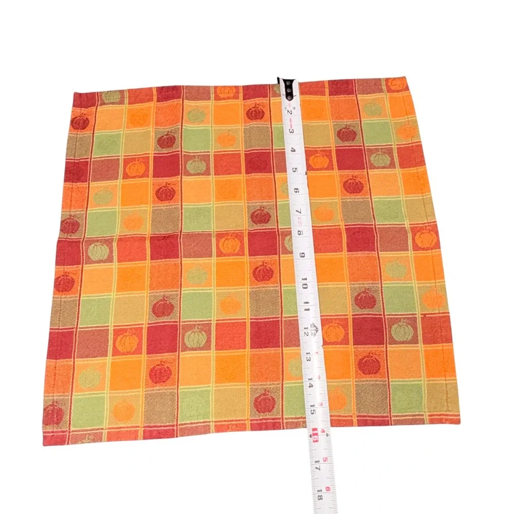 8 Vtg Fall Harvest Plaid Cloth Napkins Pumpkin Leaf Orange Red Green Square